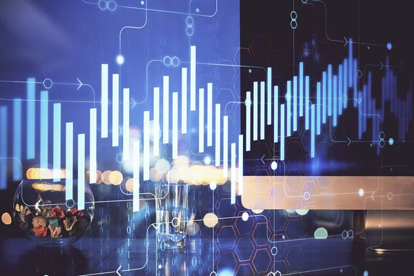 Dibujo gráfico financiero y tabla con la computadora en el fondo. Doble exposición. Concepto de mercados internacionales. — Foto de Stock