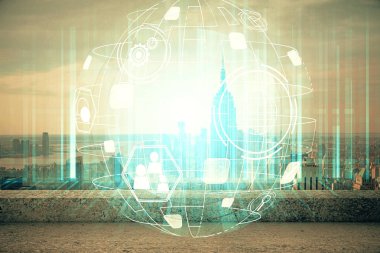 Sosyal ağ tema çizimi ve şehir manzarası arka planına çift pozlama. Bağlantı insanları kavramı.