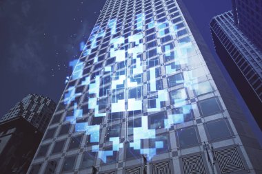 Veri temalı hologram gökdelenler arka planda çoklu pozlama ile şehir görünümüne çizim yapıyor. Büyük veri kavramı.