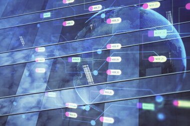 Veri temalı hologram gökdelenler arka planda çoklu pozlama ile şehir görünümüne çizim yapıyor. Büyük veri kavramı.