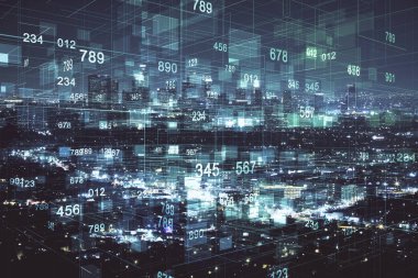 Veri temalı hologram gökdelenler arka planda çoklu pozlama ile şehir görünümüne çizim yapıyor. Ai kavramı.