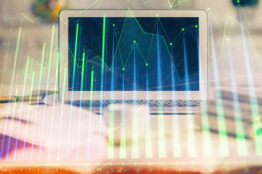 Eski pazar grafiği hologramı ve kişisel bilgisayar geçmişi. Çifte maruziyet. Yatırım kavramı.