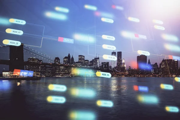 Veri temalı hologram gökdelenler arka planda çoklu pozlama ile şehir görünümüne çizim yapıyor. Ai kavramı.