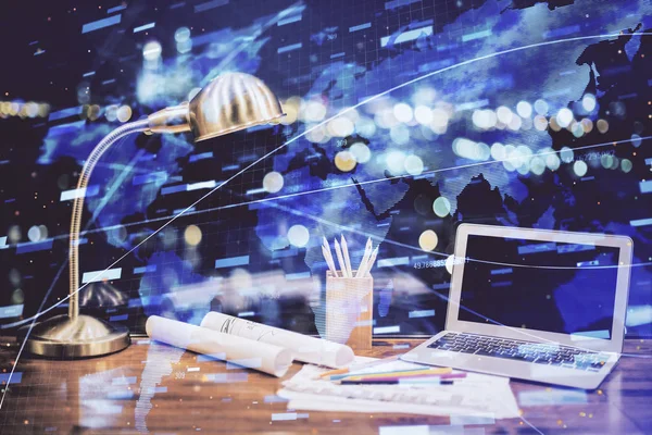 Doble exposición de la tabla con el ordenador en el fondo y el holograma tema de datos. Concepto de tecnología informática. —  Fotos de Stock