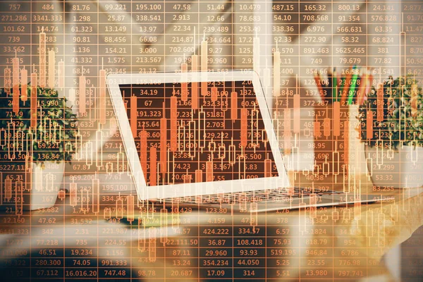 Multi exposure of graph and financial info and work space with computer background. Concept of international online trading. — Stock Photo, Image