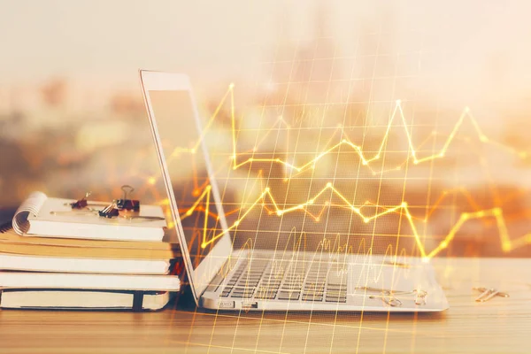 Financial graph colorful drawing and table with computer on background. Double exposure. Concept of international markets. — Stock Photo, Image