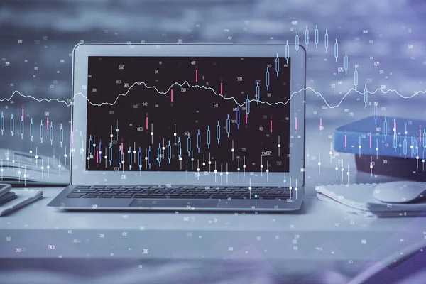 Finanzgrafik bunte Zeichnung und Tabelle mit Computer auf dem Hintergrund. Doppelbelichtung. Konzept der internationalen Märkte. — Stockfoto