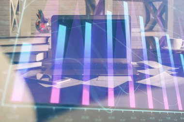 Arka planda eski pazar grafik hologramı ve kişisel bilgisayar var. Çoklu maruz kalma. Yatırım kavramı.