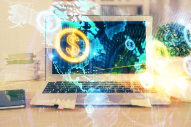 Finansal tablo çizimi ve arka planda bilgisayar olan bir tablo. Çoklu maruz kalma. Uluslararası pazarlar kavramı.