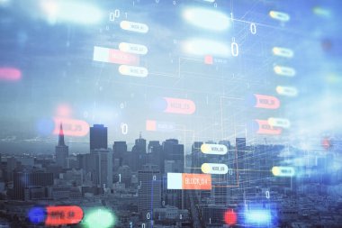 Veri temalı hologram gökdelenlerin arka planında çift pozlama ile şehir görünümüne çizim yapıyor. Teknoloji konsepti.