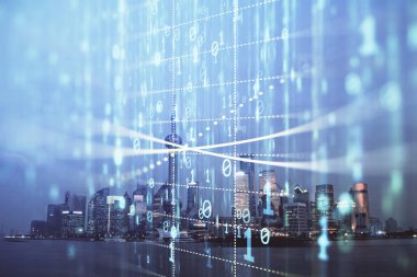 Veri temalı hologram gökdelenlerin arka planında çift pozlama ile şehir görünümüne çizim yapıyor. Ai kavramı.