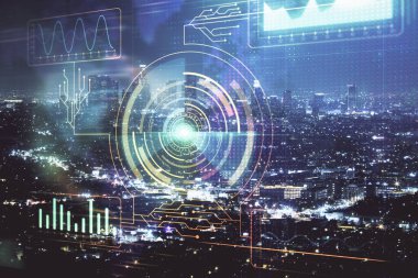 Veri temalı hologram gökdelenler arka planda çoklu pozlama ile şehir görünümüne çizim yapıyor. Ai kavramı.