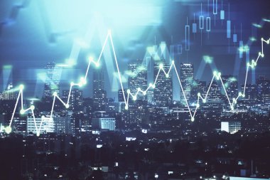 Yüksek binalar arka plan çok pozlama ile gece şehir scape mali grafik. Analiz kavramı.