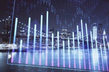 Yüksek binalar arka plan çok pozlama ile gece şehir scape mali grafik. Analiz kavramı.