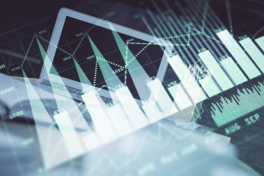 Bilgisayar geçmişi olan eski grafik hologramı. Çoklu maruz kalma. Finans piyasası kavramı.