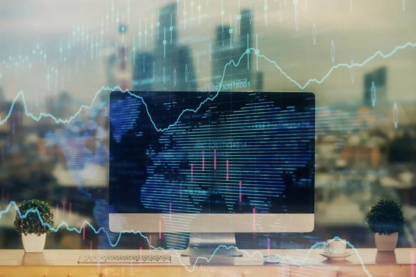 Stock market graph on background with desk and personal computer. Multi exposure. Concept of financial analysis. — Stock Photo, Image