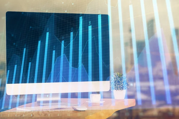 Stock market graph and table with computer background. Multi exposure. Concept of financial analysis. — Stock Photo, Image