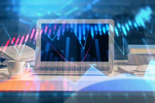 Stock market chart hologram drawn on personal computer background. Multi exposure. Concept of investment.