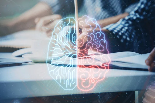 Hombre con iconos cerebrales de inteligencia atificial de exposición múltiple. —  Fotos de Stock