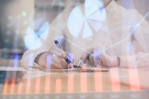 Financial chart drawn over hands taking notes background. Concept of research. Multi exposure — Stock Photo, Image