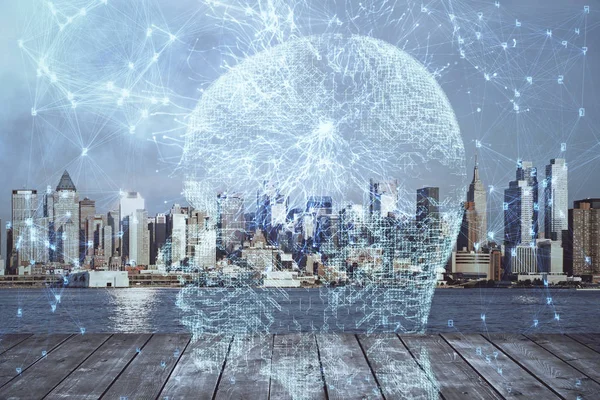Brain hologram drawing on cityscape background multi exposure. Ai in modern city concept. — Stock Photo, Image