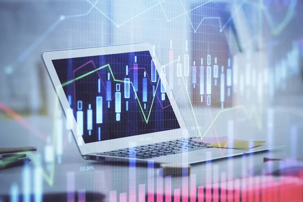 Forex Chart hologram on table with computer background. 다양 한 노출. 금융 시장의 개념. — 스톡 사진