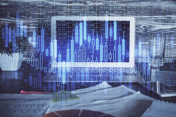 Multi exposure of forex graph and work space with computer. Concept of international online trading. — Stock Photo, Image