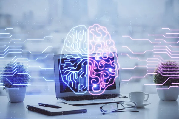 Double exposition de bureau avec ordinateur et hologramme de dessin du cerveau. Concept d'intelligence artificielle. — Photo