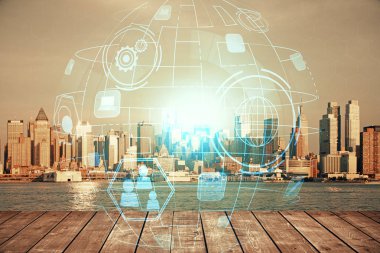 Sosyal ağ tema çizimi ve şehir manzarası arka planına çift pozlama. Bağlantı insanları kavramı.