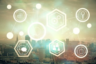 Sosyal ağ tema çizimi ve şehir manzarası arka planına çift pozlama. Bağlantı insanları kavramı.