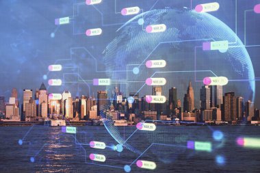 Veri temalı hologram gökdelenler arka planda çoklu pozlama ile şehir görünümüne çizim yapıyor. Büyük veri kavramı.