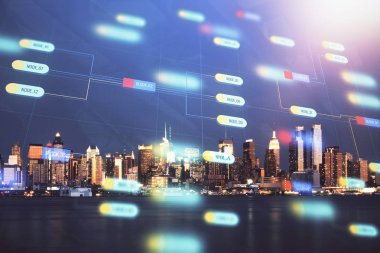 Veri temalı hologram gökdelenlerin arka planında çift pozlama ile şehir görünümüne çizim yapıyor. Ai kavramı.