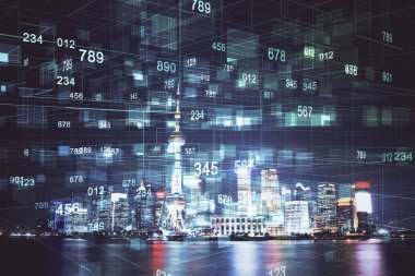 Veri temalı hologram gökdelenler arka planda çoklu pozlama ile şehir görünümüne çizim yapıyor. Ai kavramı.