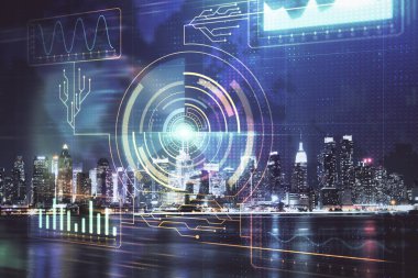 Veri temalı hologram gökdelenler arka planda çoklu pozlama ile şehir görünümüne çizim yapıyor. Ai kavramı.