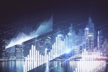 Yüksek binalar arka plan çok pozlama ile şehir scape mali grafik. Analiz kavramı.