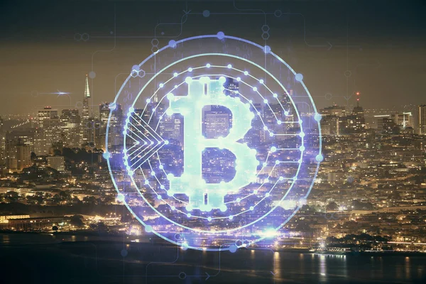 Πολλαπλή έκθεση του σχεδίου ολόγραμμα θέμα cryptocurrency και της πόλης VEIW φόντο. Έννοια του blockchain και bitcoin. — Φωτογραφία Αρχείου