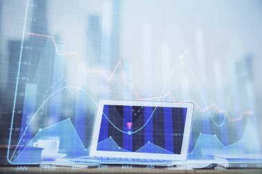 Bilgisayar geçmişi olan eski grafik hologramı. Çoklu maruz kalma. Finans piyasası kavramı.