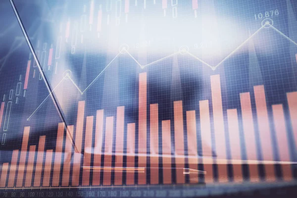 Aktieschema hologram ritat på persondator bakgrund. Dubbel exponering. Begreppet investering. — Stockfoto