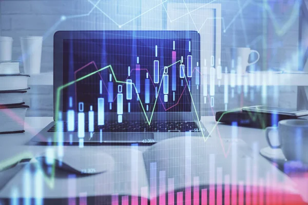 Gráfico de mercado de ações e tabela com fundo de computador. Dupla exposição. Conceito de análise financeira. — Fotografia de Stock