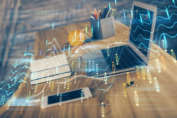 Forex marknaden diagram hologram och persondator bakgrund. Dubbel exponering. Begreppet investering. — Stockfoto