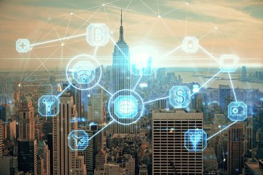 Sosyal ağ tema çizimi ve şehir manzarası arka planına çift pozlama. Bağlantı insanları kavramı.