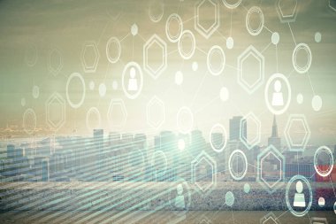 Sosyal ağ tema çizimi ve şehir manzarası arka planına çift pozlama. Bağlantı insanları kavramı.