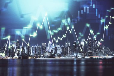 Yüksek binalar arka plan çok pozlama ile gece şehir scape mali grafik. Analiz kavramı.