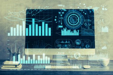 Forx çizelgesine ve bilgisayarla çalışma alanına çift pozlama. Uluslararası çevrimiçi ticaret kavramı.