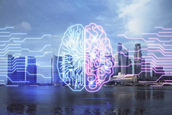 都市の風景を背景に描いた脳のホログラム二重露光。ブレーンストーミングのコンセプト. — ストック写真