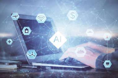 Teknoloji temalı dizüstü bilgisayarda çalışan bir adam. Büyük veri kavramı. Çift pozlama.