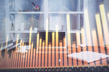 Eski pazar grafiği hologramı ve kişisel bilgisayar geçmişi. Çifte maruziyet. Yatırım kavramı.