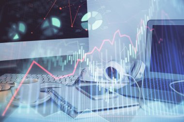 Eski pazar grafiği hologramı ve kişisel bilgisayar geçmişi. Çoklu maruz kalma. Yatırım kavramı.