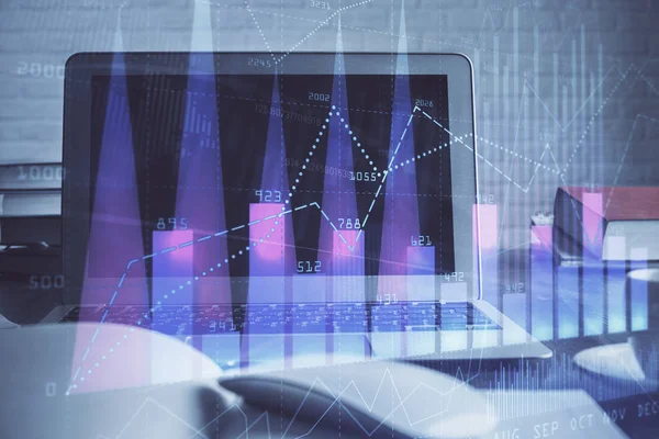 Gráfico de mercado de ações e tabela com fundo de computador. Dupla exposição. Conceito de análise financeira. — Fotografia de Stock