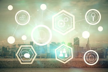 Sosyal ağ tema çizimi ve şehir manzarası arka planına çift pozlama. Bağlantı insanları kavramı.